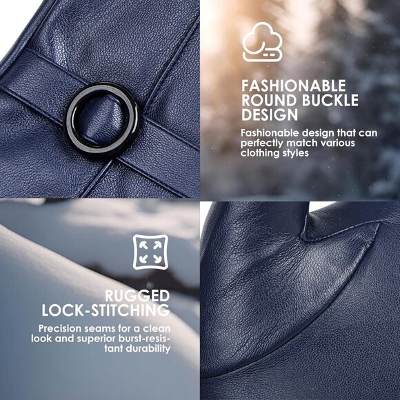 Women's Winter Leather Gloves Texting Warm Driving Lambskin Gloves Navy - Picture 5 of 7